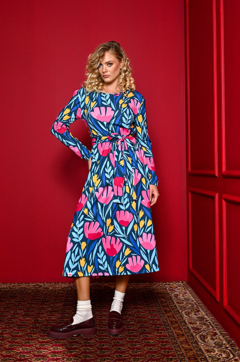 Amelia Dress Petrol Pink Tulips Φούτερ Φόρεμα με Ζώνη Petit Boutik