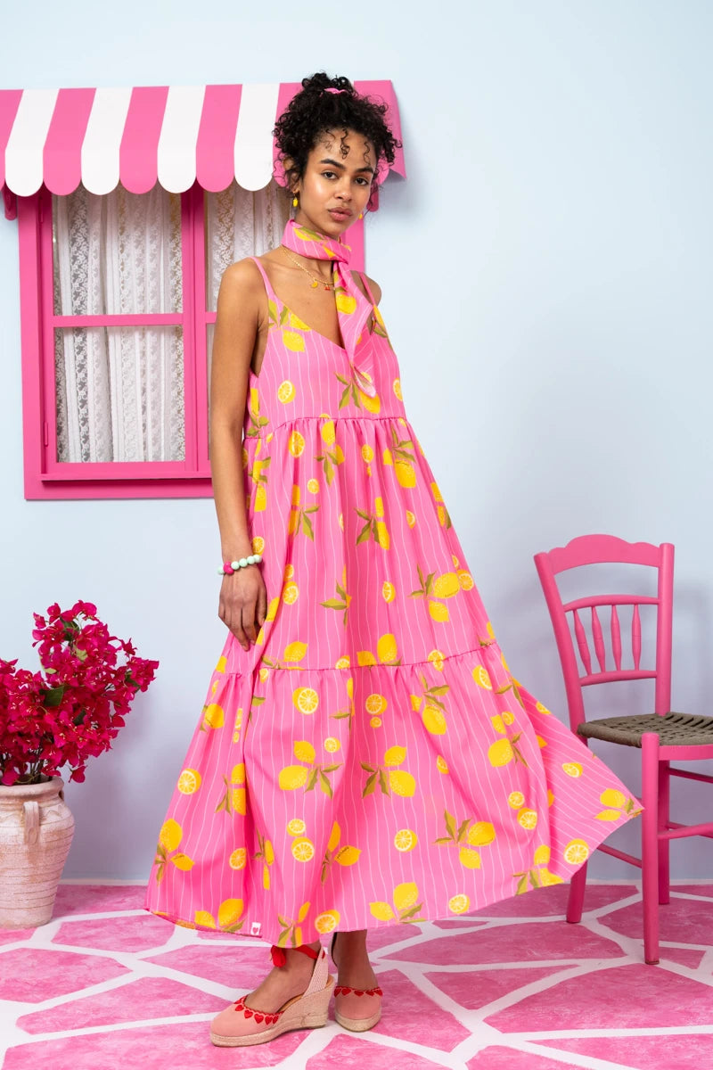 Athena Dress Pink Lemons Stripes Φόρεμα με Ζώνη & Τσέπες Petit Boutik