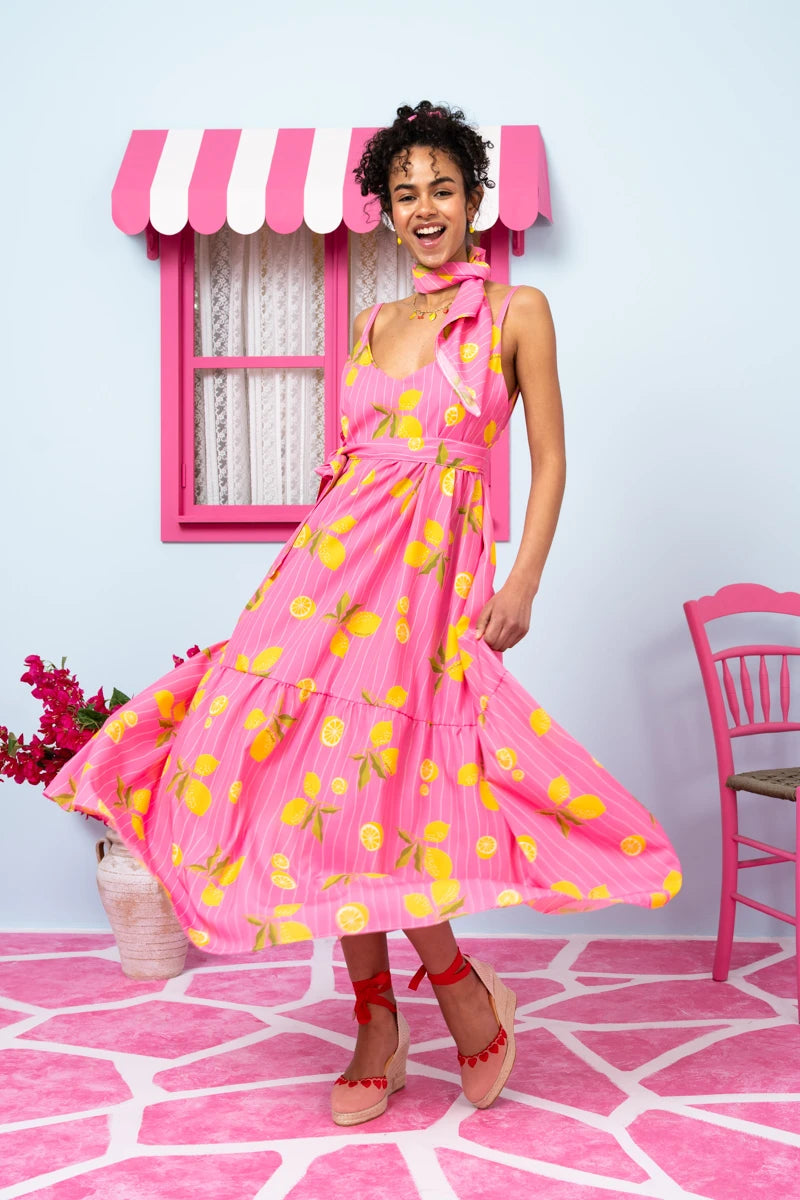 Athena Dress Pink Lemons Stripes Φόρεμα με Ζώνη & Τσέπες Petit Boutik
