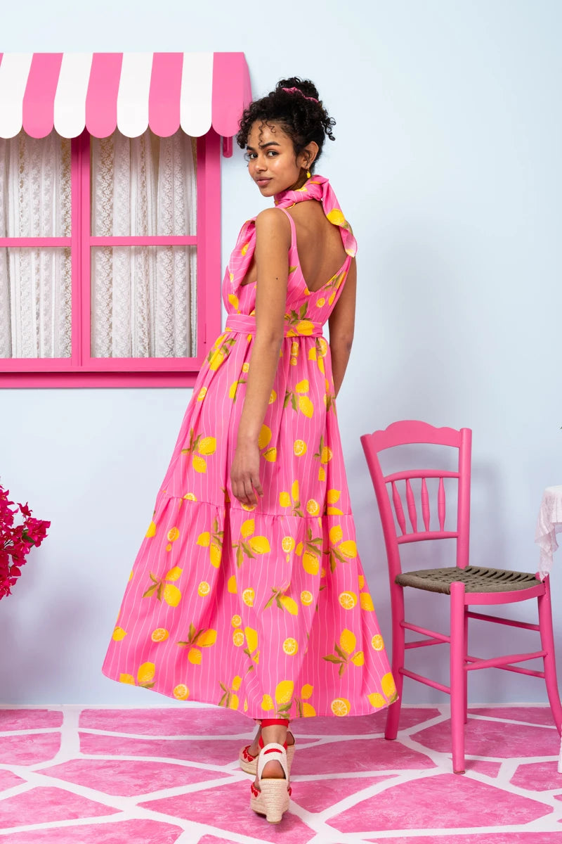 Athena Dress Pink Lemons Stripes Φόρεμα με Ζώνη & Τσέπες Petit Boutik