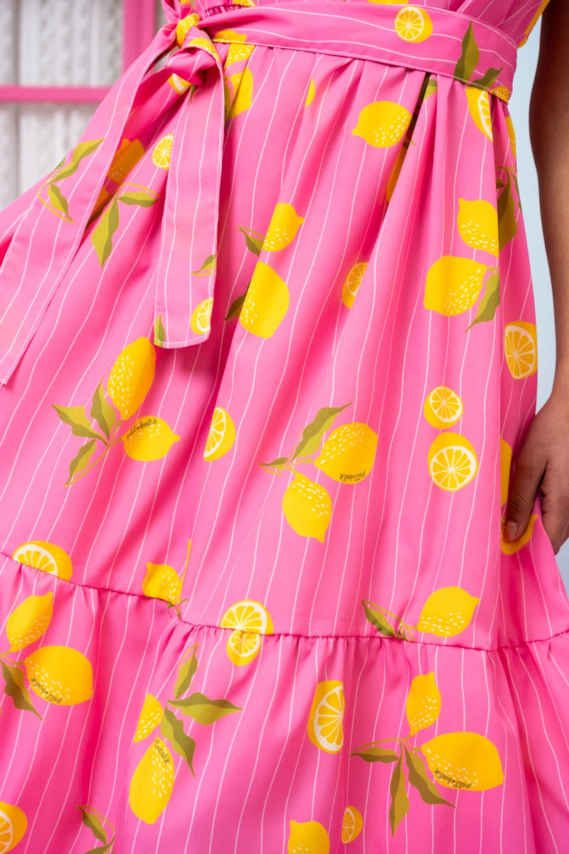 Athena Dress Pink Lemons Stripes Φόρεμα με Ζώνη & Τσέπες Petit Boutik