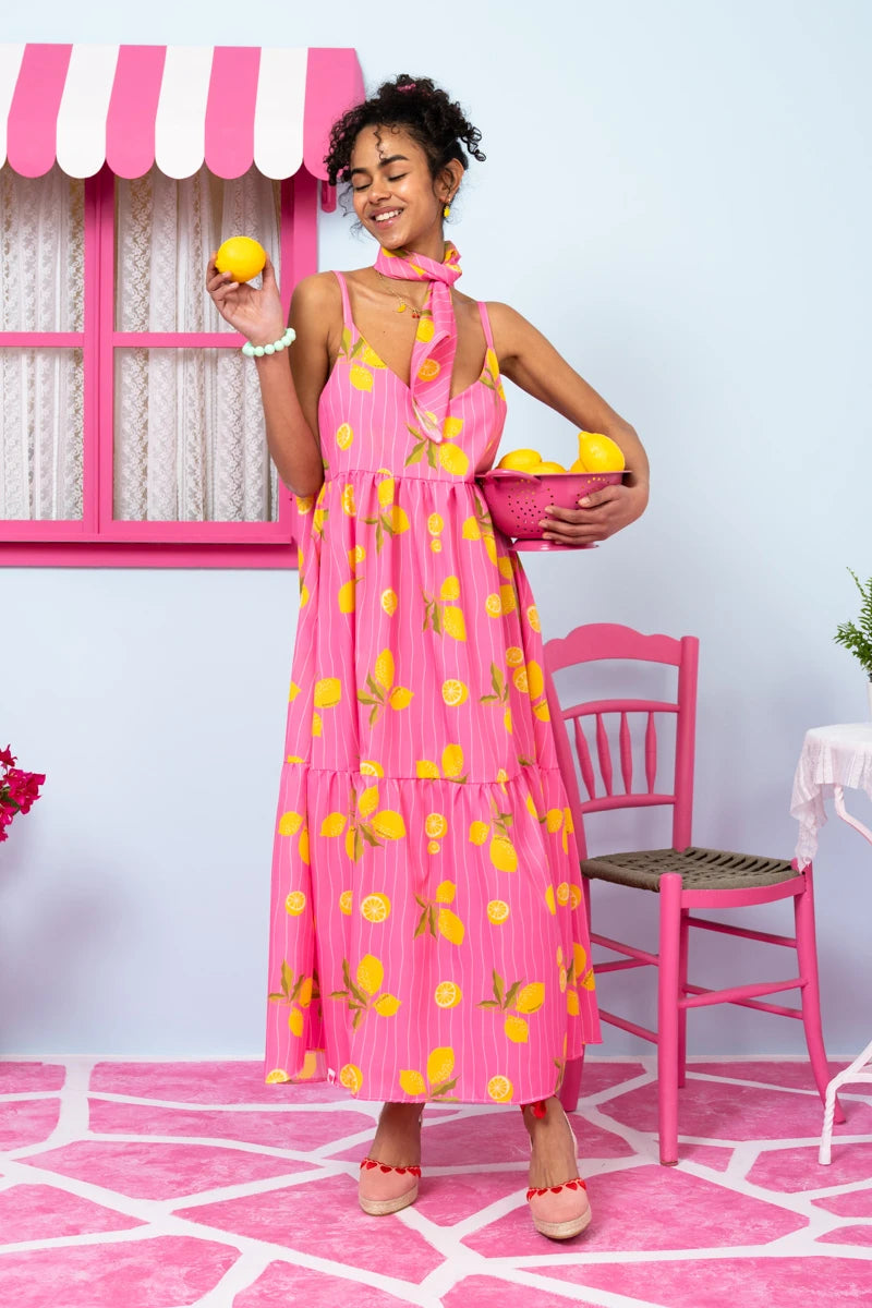 Athena Dress Pink Lemons Stripes Φόρεμα με Ζώνη & Τσέπες Petit Boutik