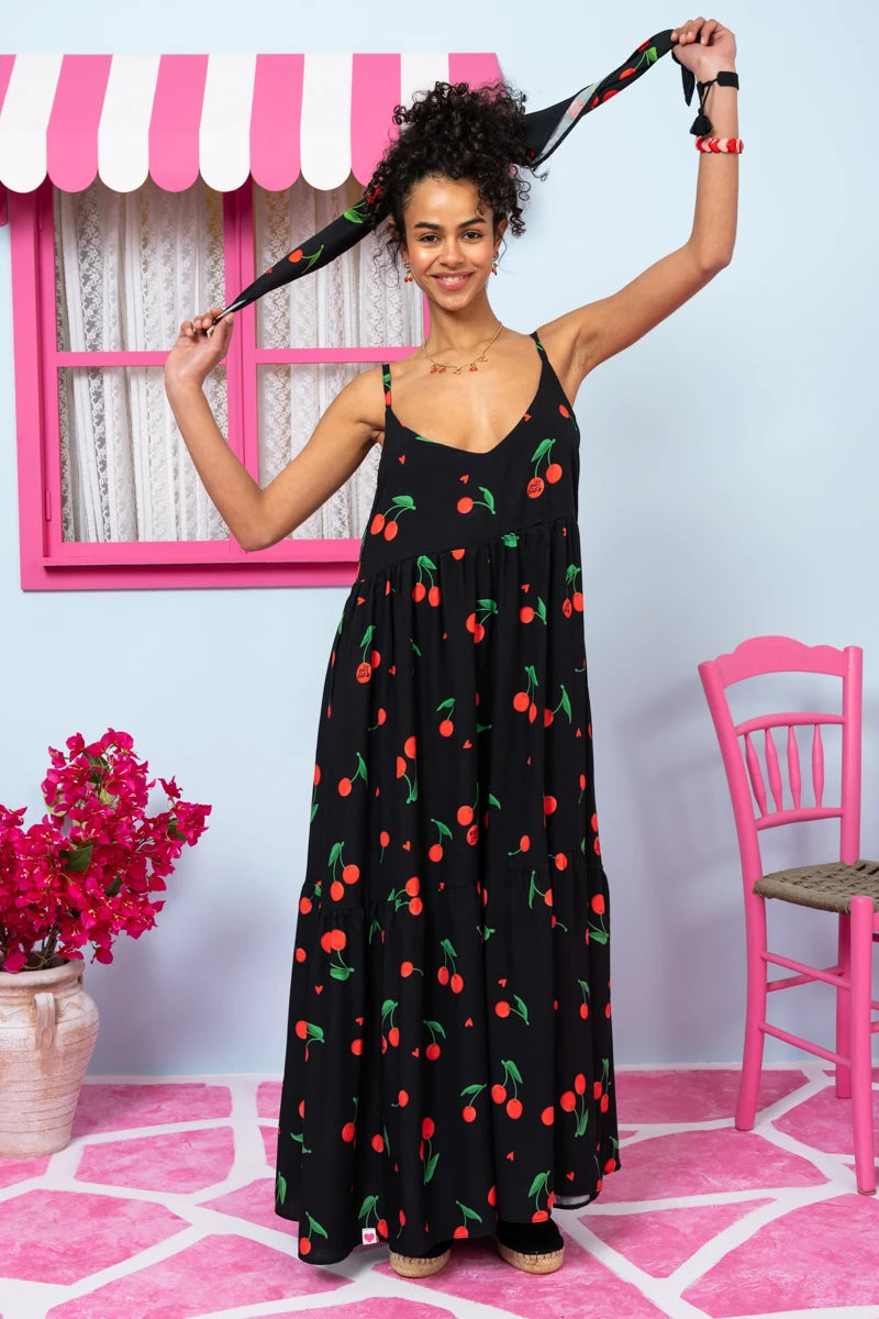 Athena Dress Vis Black Cherries Φόρεμα με Ζώνη & Τσέπες Petit Boutik