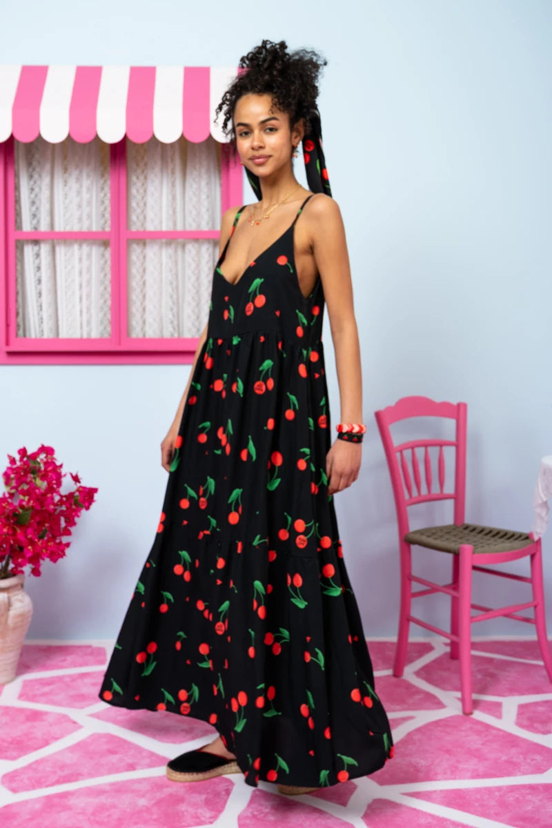 Athena Dress Vis Black Cherries Φόρεμα με Ζώνη & Τσέπες Petit Boutik