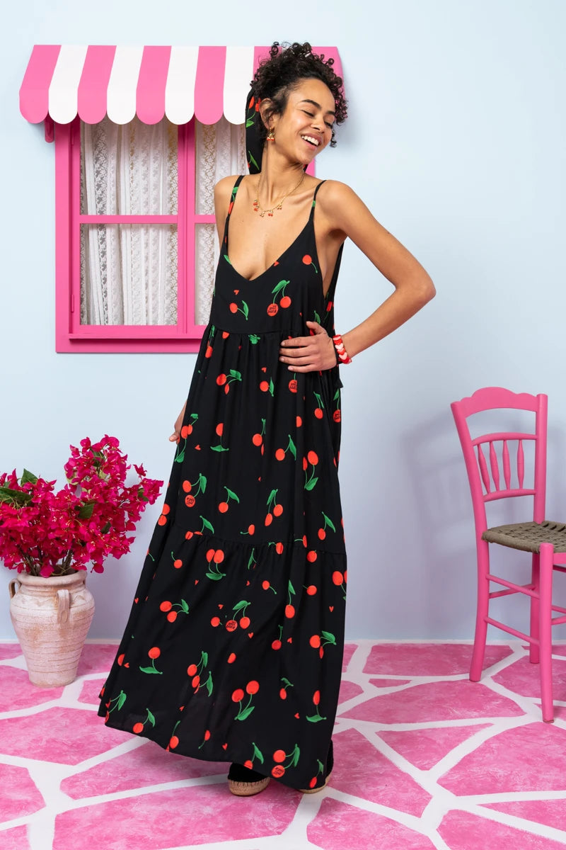 Athena Dress Vis Black Cherries Φόρεμα με Ζώνη & Τσέπες Petit Boutik