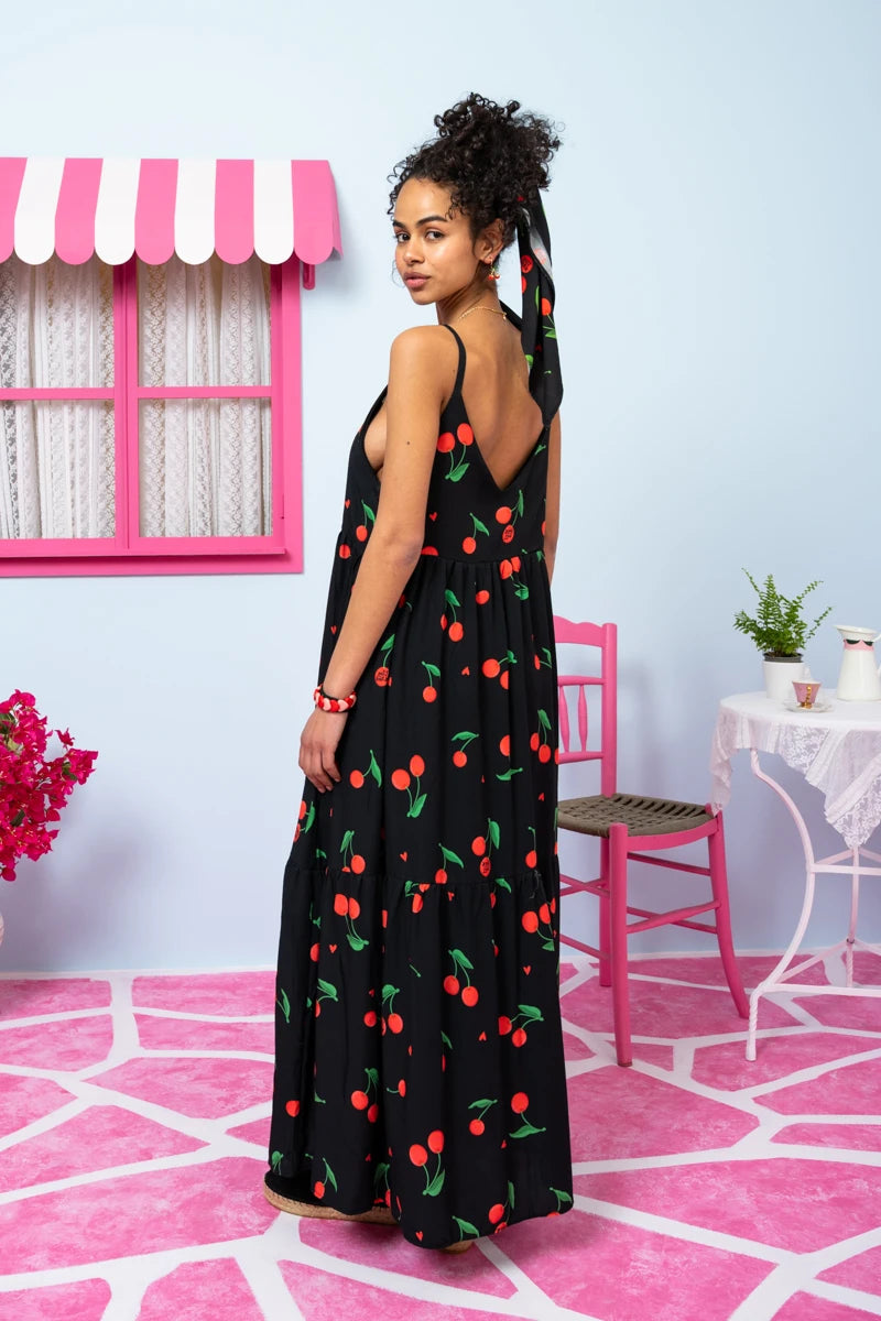 Athena Dress Vis Black Cherries Φόρεμα με Ζώνη & Τσέπες Petit Boutik