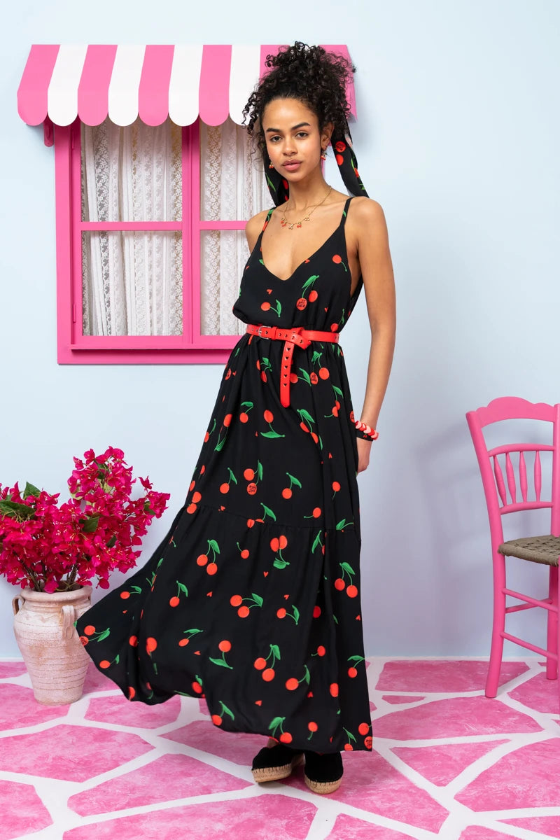 Athena Dress Vis Black Cherries Φόρεμα με Ζώνη & Τσέπες Petit Boutik