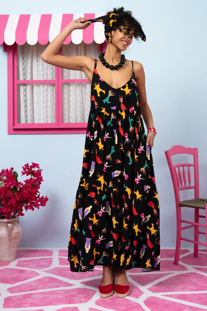 Athena Dress Vis Black Dancing Girls Φόρεμα με Ζώνη & Τσέπες Petit Boutik