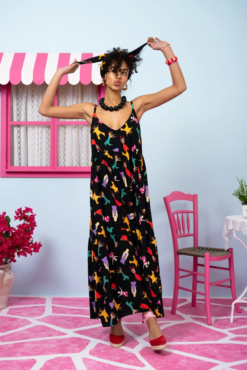 Athena Dress Vis Black Dancing Girls Φόρεμα με Ζώνη & Τσέπες Petit Boutik