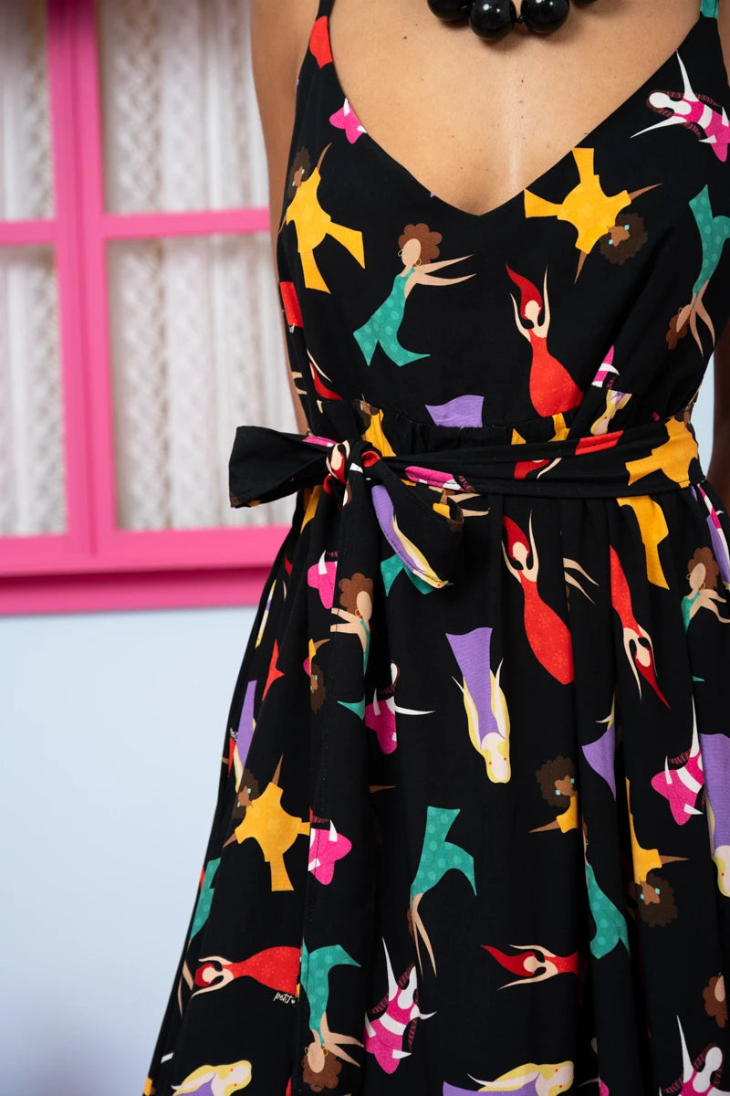 Athena Dress Vis Black Dancing Girls Φόρεμα με Ζώνη & Τσέπες Petit Boutik