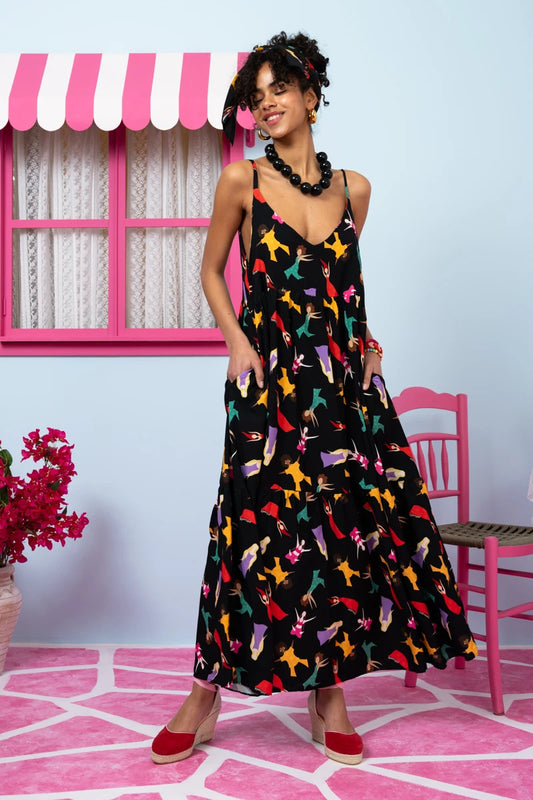 Athena Dress Vis Black Dancing Girls Φόρεμα με Ζώνη & Τσέπες Petit Boutik