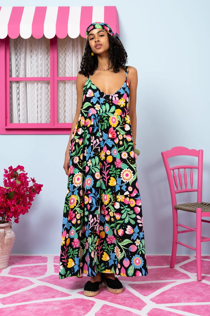 Athena Dress Vis Black Strawberries Forest Φόρεμα με Ζώνη & Τσέπες Petit Boutik
