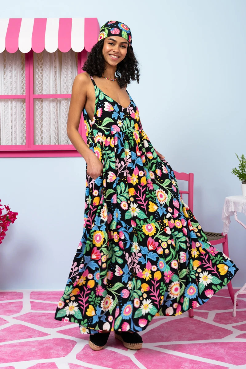 Athena Dress Vis Black Strawberries Forest Φόρεμα με Ζώνη & Τσέπες Petit Boutik