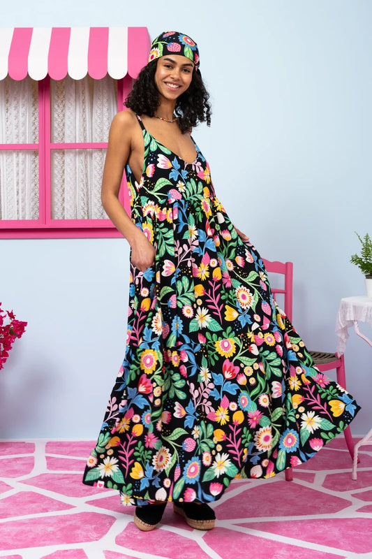 Athena Dress Vis Black Strawberries Forest Φόρεμα με Ζώνη & Τσέπες Petit Boutik
