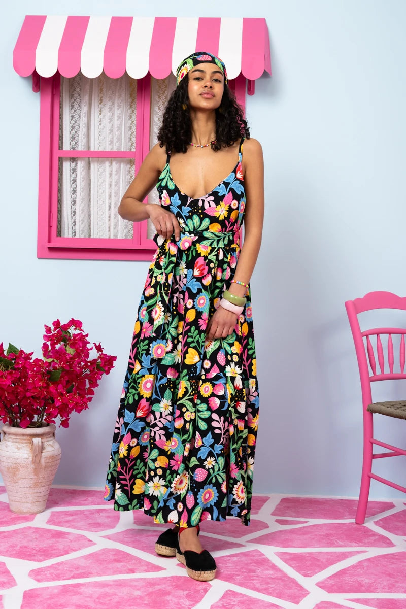 Athena Dress Vis Black Strawberries Forest Φόρεμα με Ζώνη & Τσέπες Petit Boutik