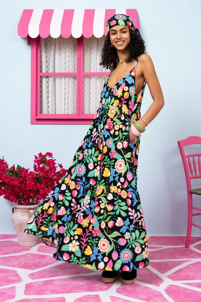 Athena Dress Vis Black Strawberries Forest Φόρεμα με Ζώνη & Τσέπες Petit Boutik