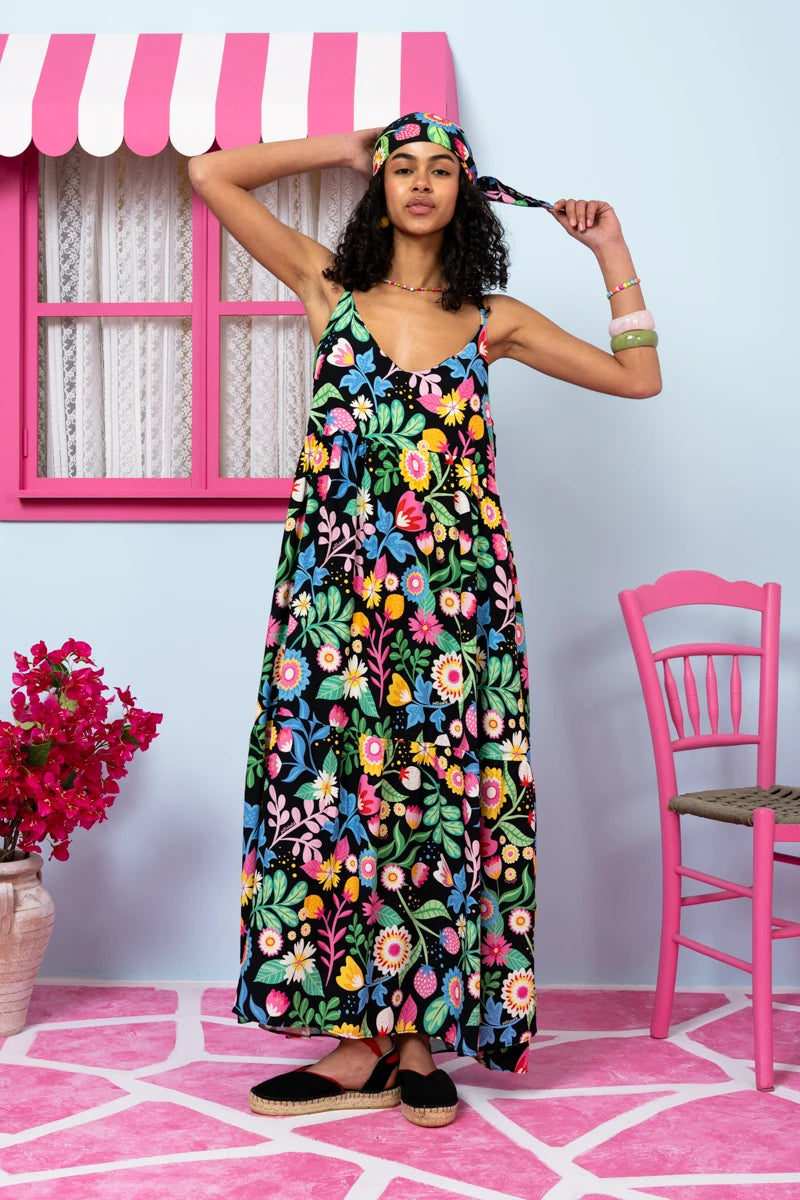 Athena Dress Vis Black Strawberries Forest Φόρεμα με Ζώνη & Τσέπες Petit Boutik