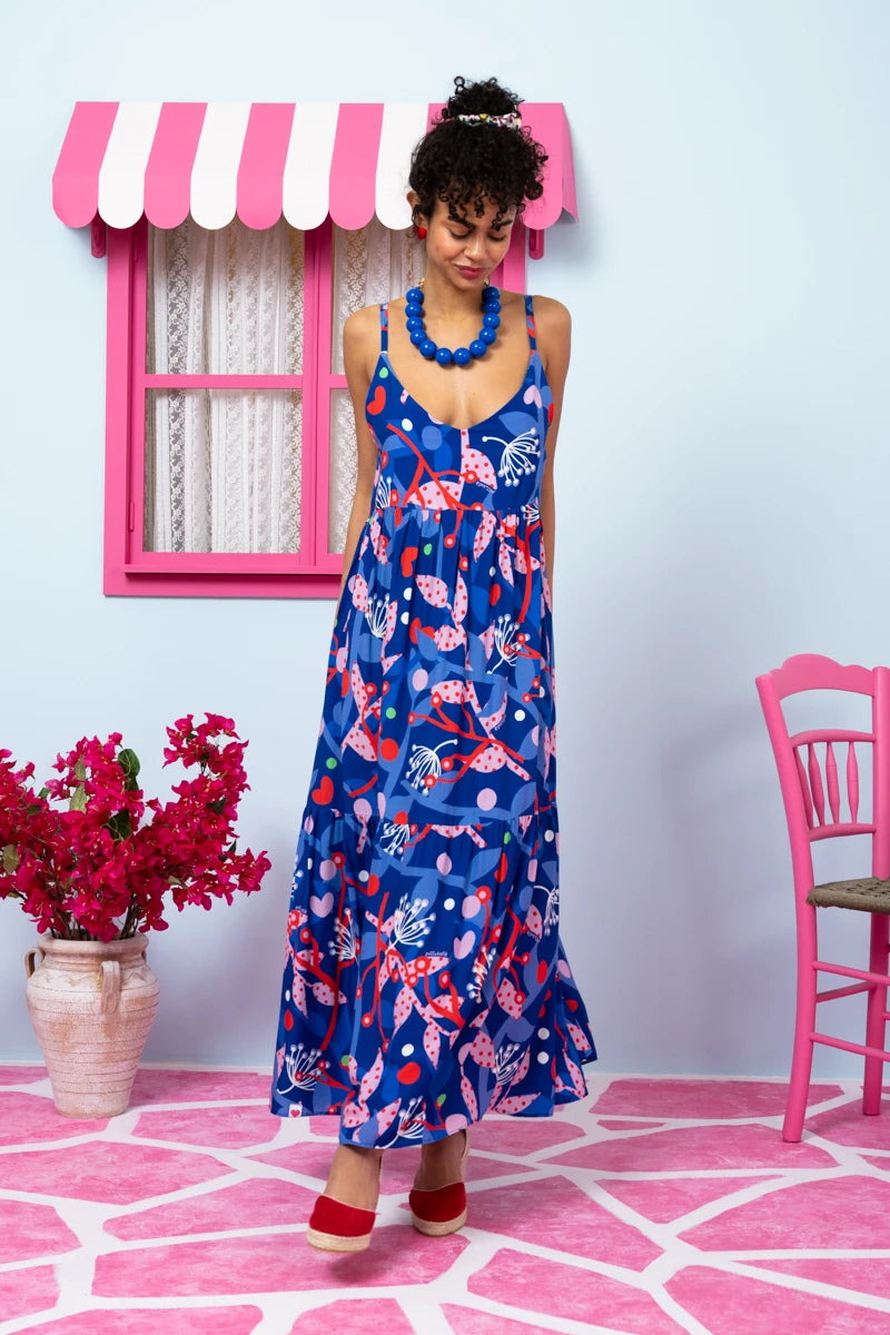 Athena Dress Vis Blue Pink Floral Φόρεμα με Ζώνη & Τσέπες Petit Boutik