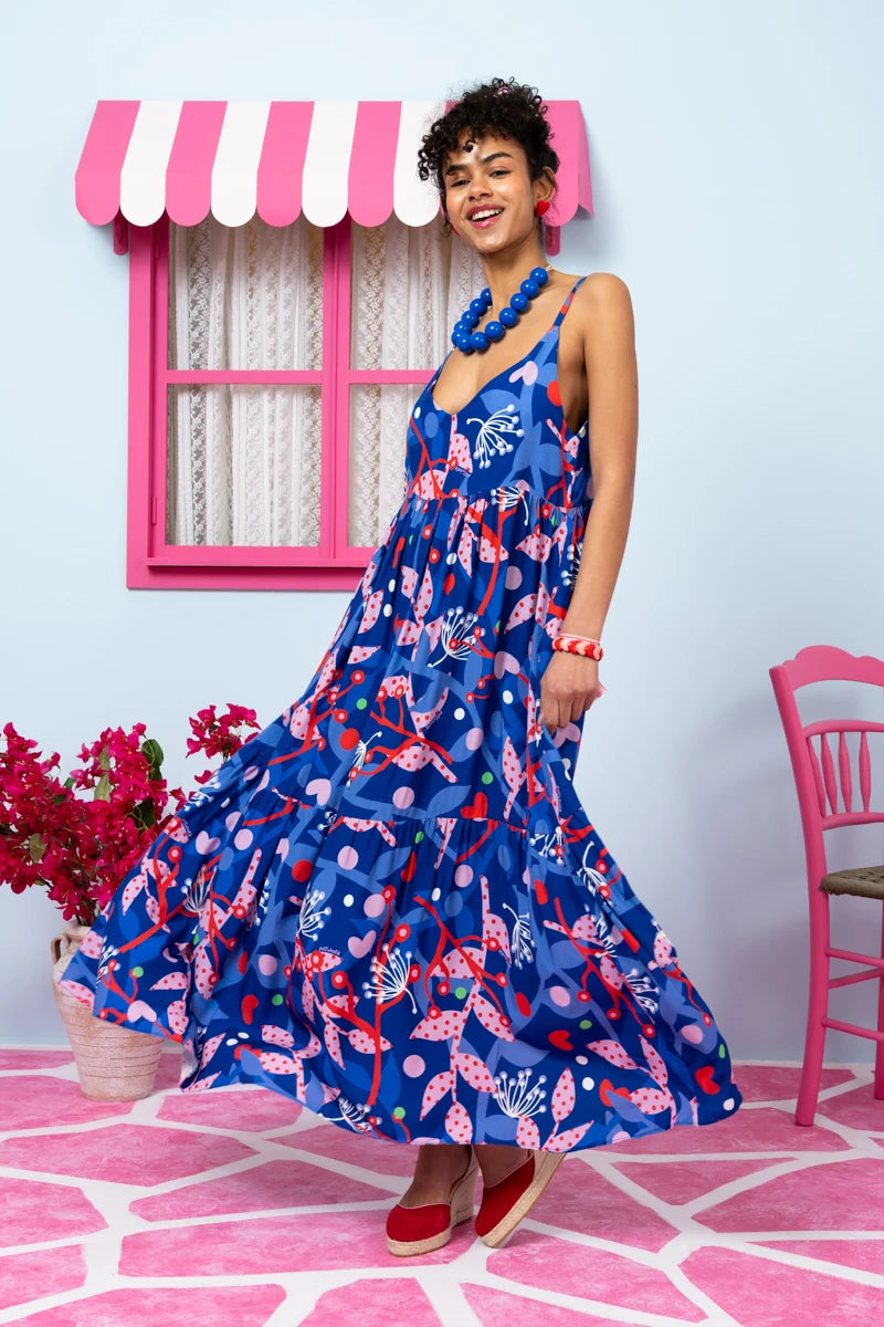 Athena Dress Vis Blue Pink Floral Φόρεμα με Ζώνη & Τσέπες Petit Boutik