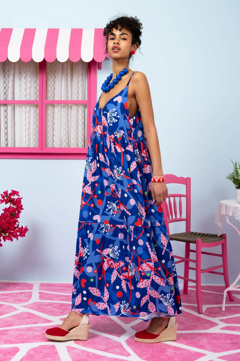Athena Dress Vis Blue Pink Floral Φόρεμα με Ζώνη & Τσέπες Petit Boutik