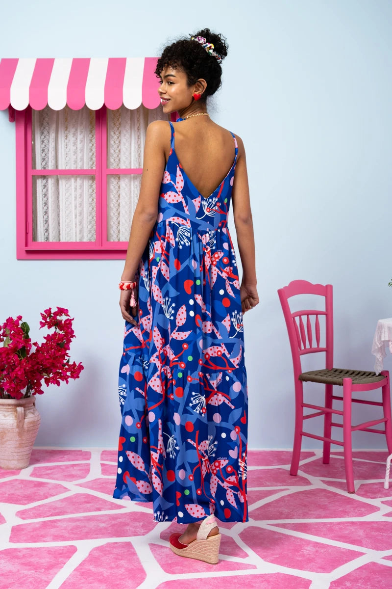Athena Dress Vis Blue Pink Floral Φόρεμα με Ζώνη & Τσέπες Petit Boutik