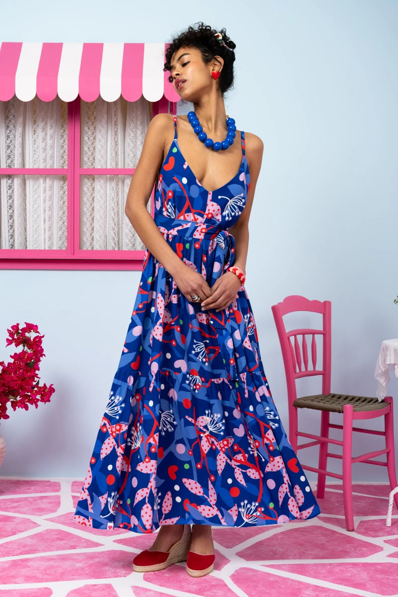 Athena Dress Vis Blue Pink Floral Φόρεμα με Ζώνη & Τσέπες Petit Boutik
