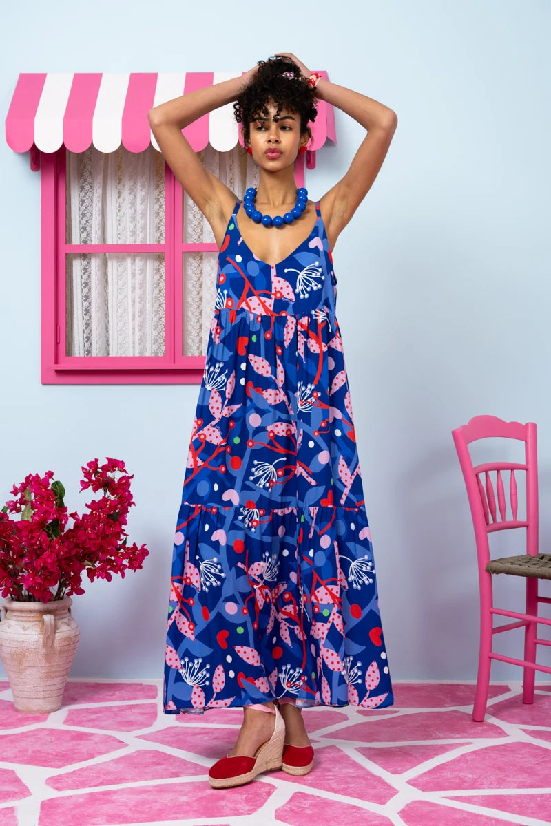 Athena Dress Vis Blue Pink Floral Φόρεμα με Ζώνη & Τσέπες Petit Boutik