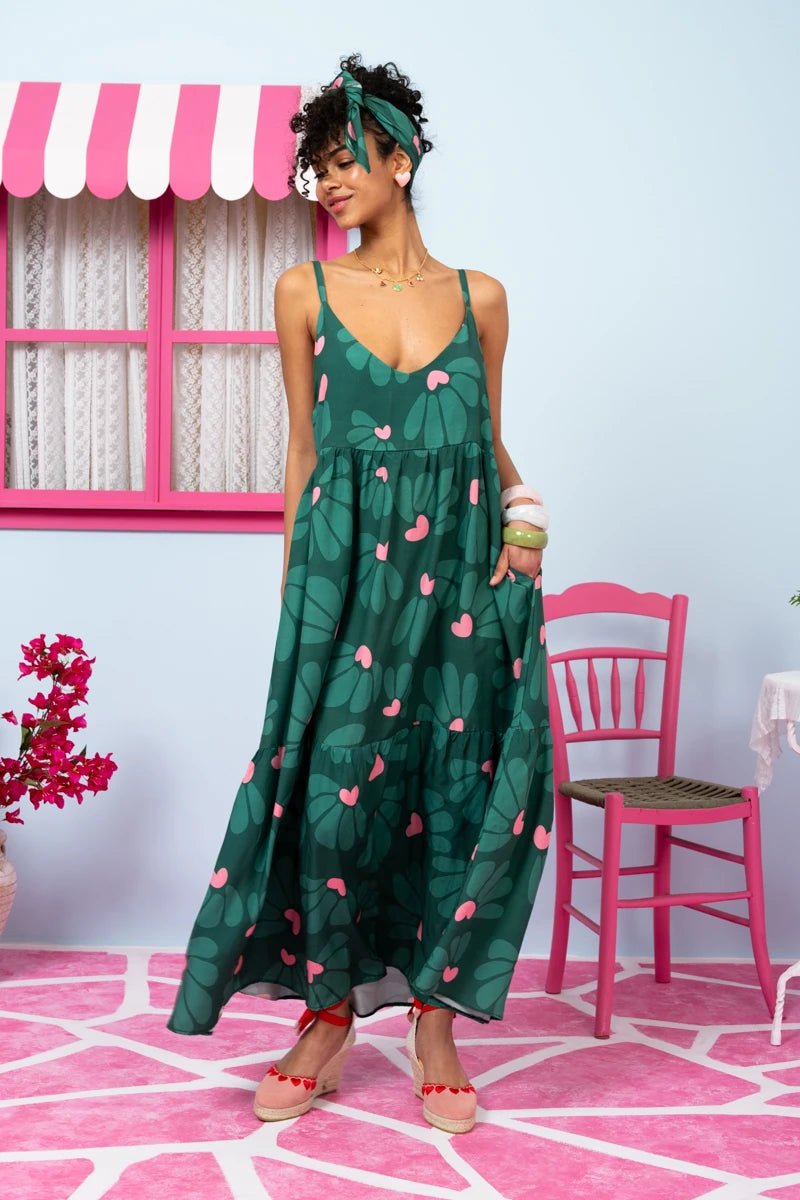 Athena Dress Vis Green Leaves Pink Hearts Φόρεμα με Ζώνη & Τσέπες Petit Boutik