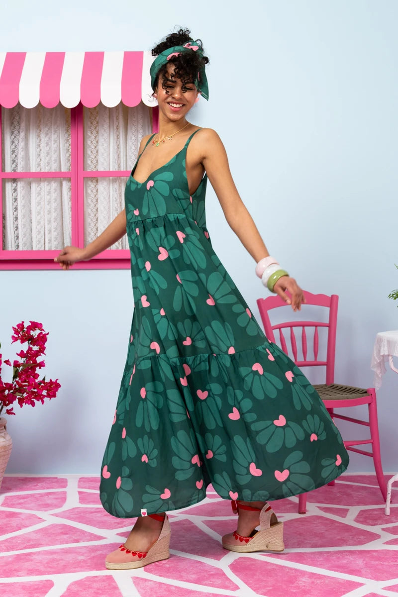 Athena Dress Vis Green Leaves Pink Hearts Φόρεμα με Ζώνη & Τσέπες Petit Boutik