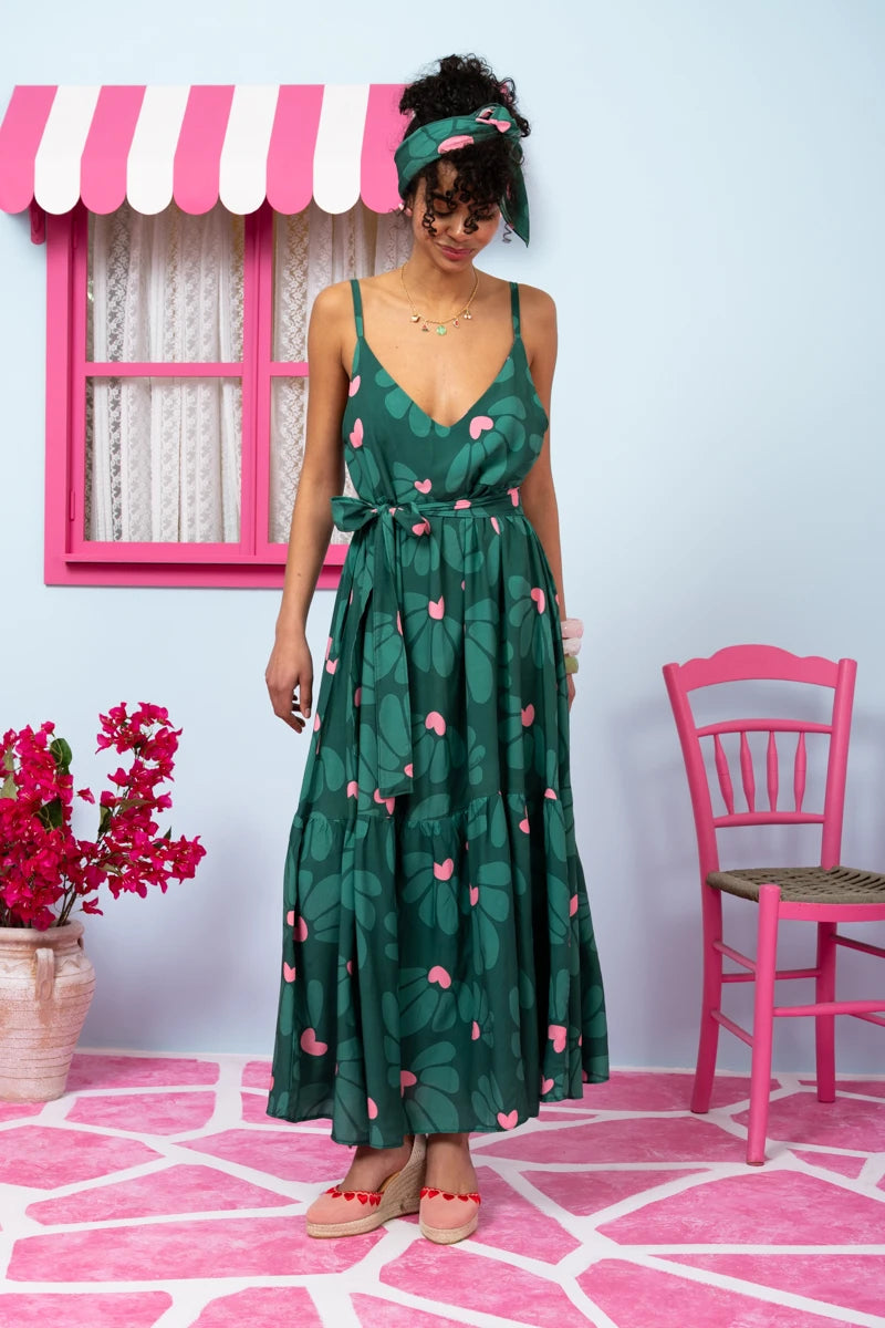 Athena Dress Vis Green Leaves Pink Hearts Φόρεμα με Ζώνη & Τσέπες Petit Boutik