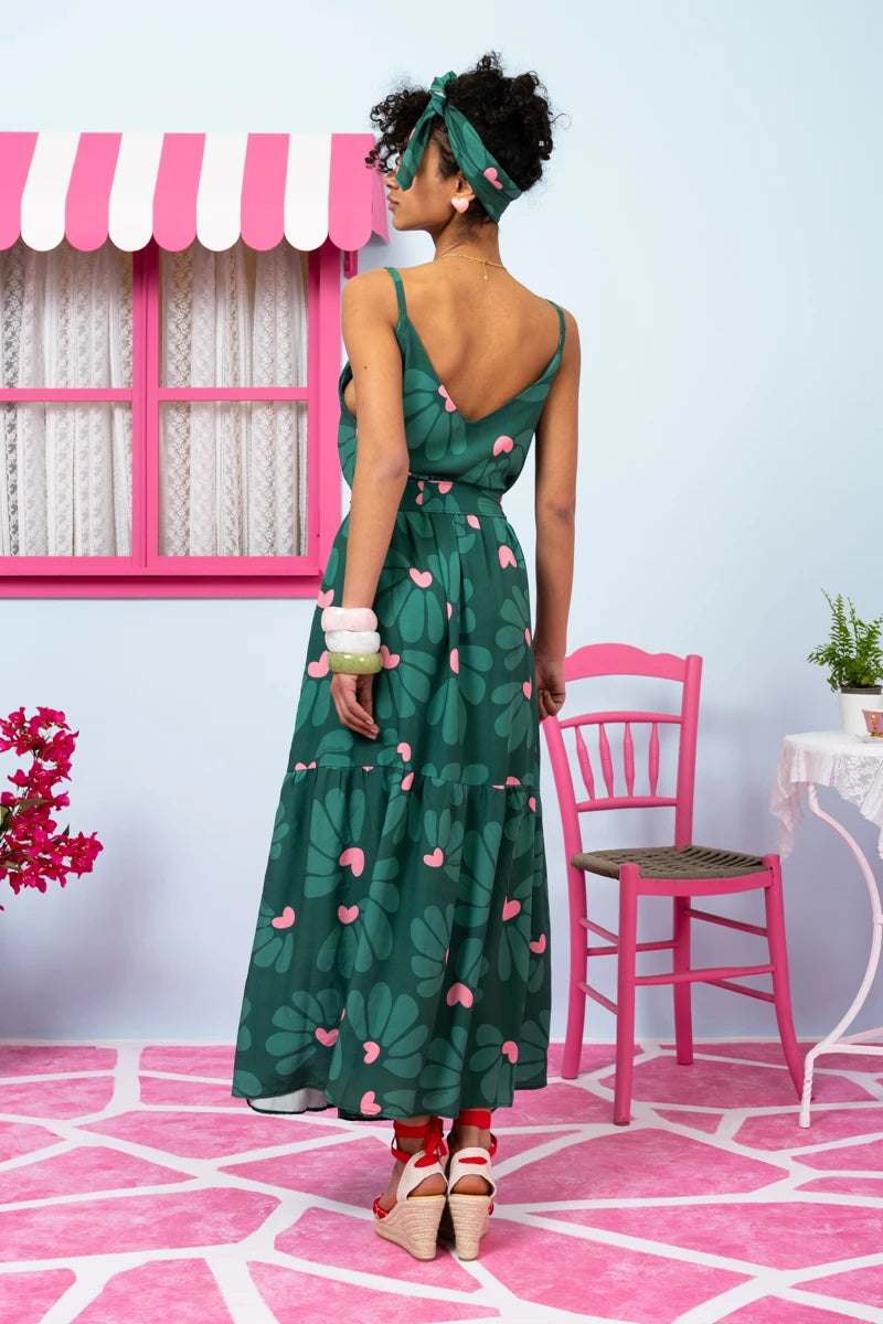 Athena Dress Vis Green Leaves Pink Hearts Φόρεμα με Ζώνη & Τσέπες Petit Boutik