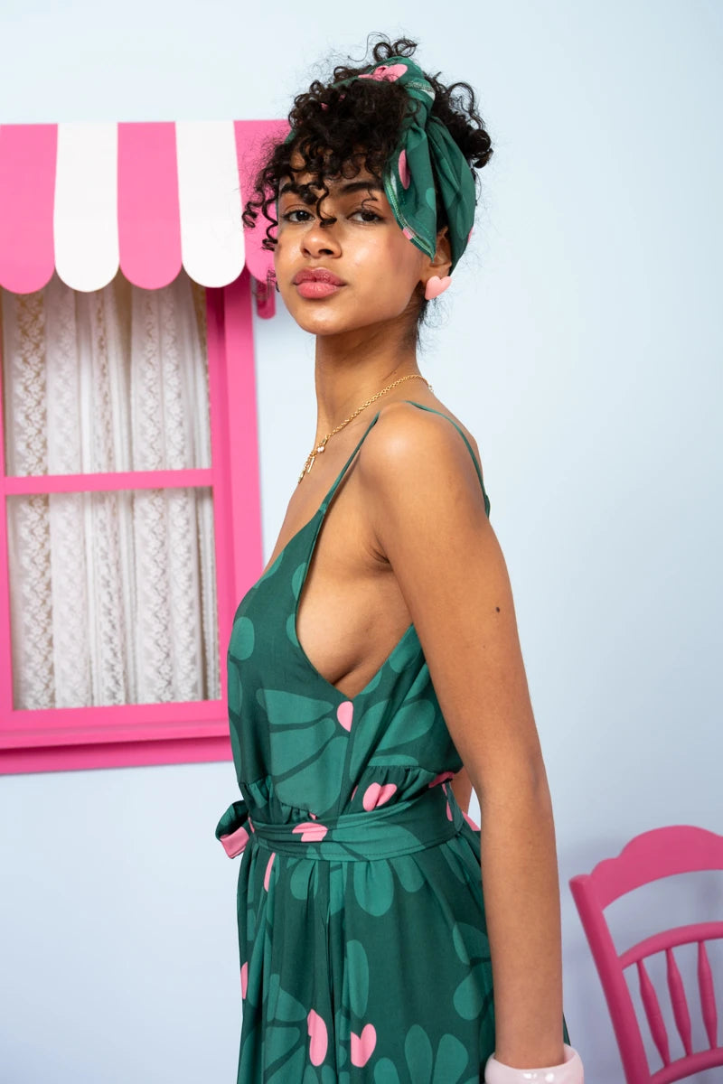 Athena Dress Vis Green Leaves Pink Hearts Φόρεμα με Ζώνη & Τσέπες Petit Boutik