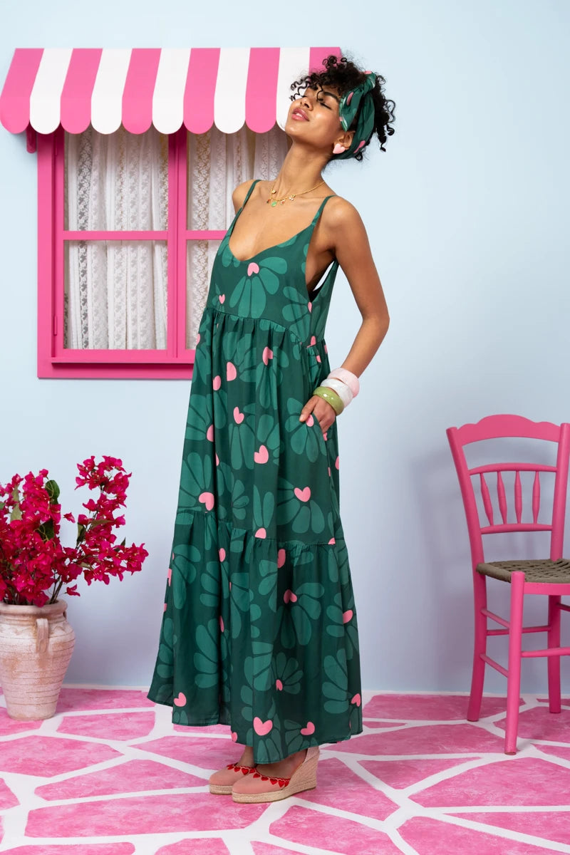 Athena Dress Vis Green Leaves Pink Hearts Φόρεμα με Ζώνη & Τσέπες Petit Boutik