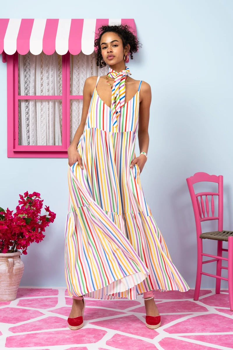 Athena Dress Vis Multi Stripes Rainbow Color Φόρεμα με Ζώνη & Τσέπες Petit Boutik