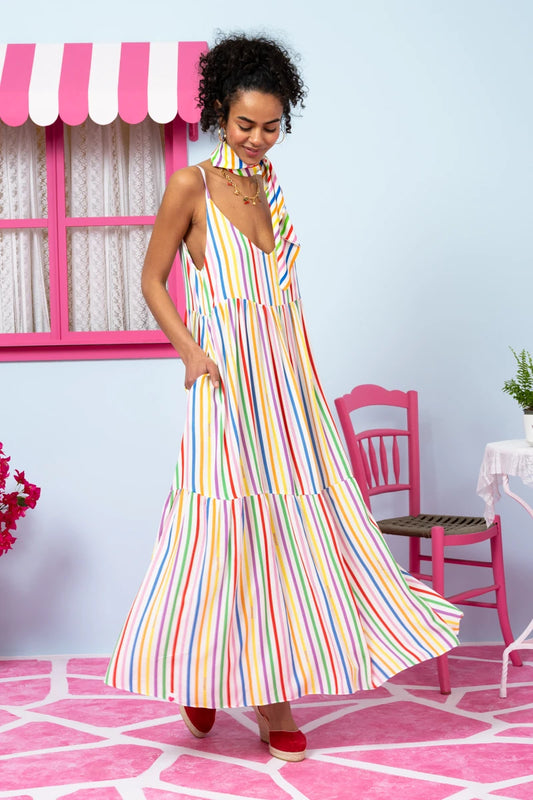 Athena Dress Vis Multi Stripes Rainbow Color Φόρεμα με Ζώνη & Τσέπες Petit Boutik