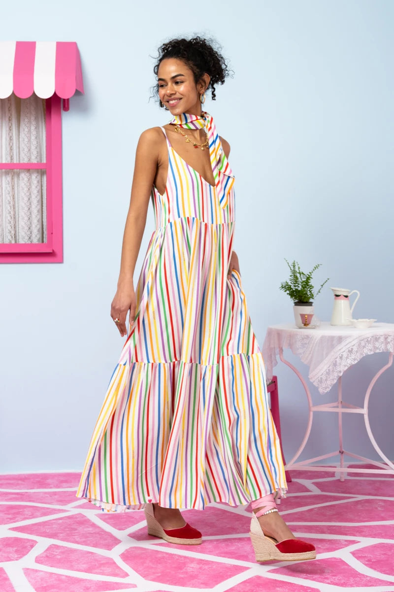 Athena Dress Vis Multi Stripes Rainbow Color Φόρεμα με Ζώνη & Τσέπες Petit Boutik