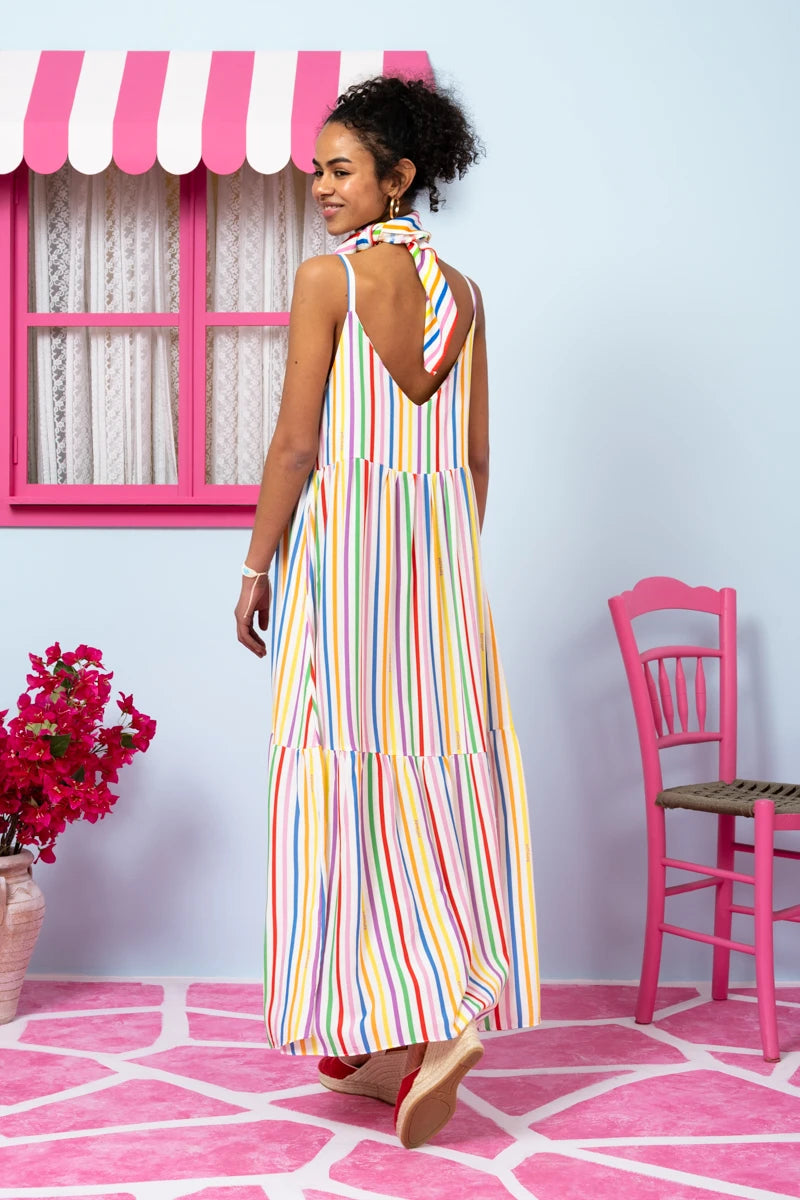 Athena Dress Vis Multi Stripes Rainbow Color Φόρεμα με Ζώνη & Τσέπες Petit Boutik