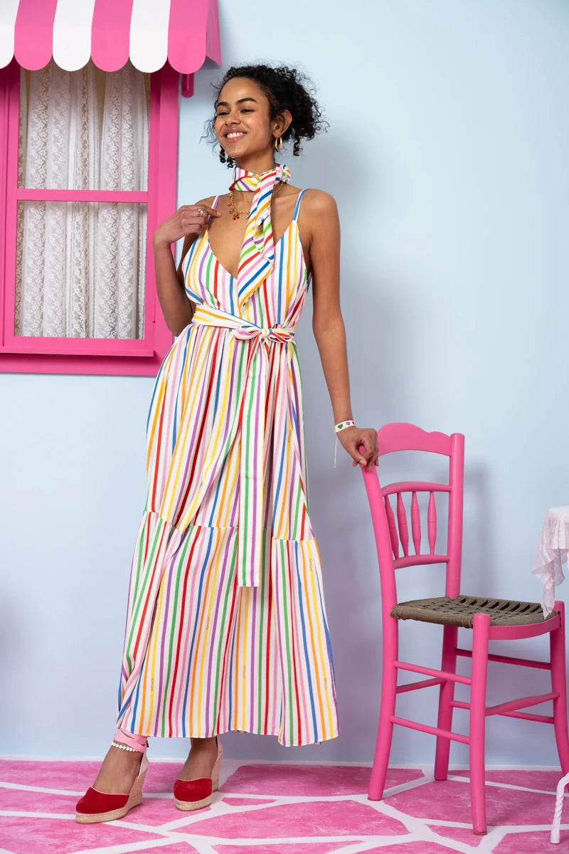 Athena Dress Vis Multi Stripes Rainbow Color Φόρεμα με Ζώνη & Τσέπες Petit Boutik