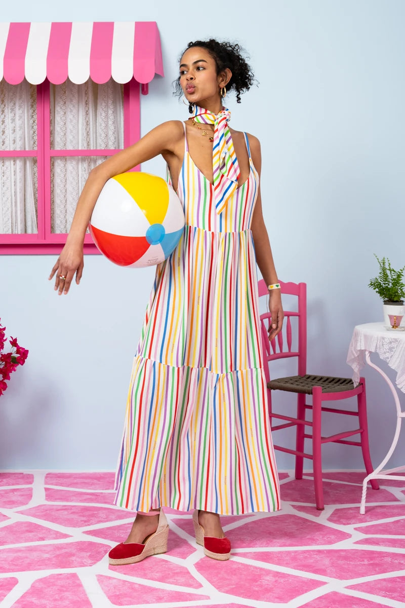 Athena Dress Vis Multi Stripes Rainbow Color Φόρεμα με Ζώνη & Τσέπες Petit Boutik