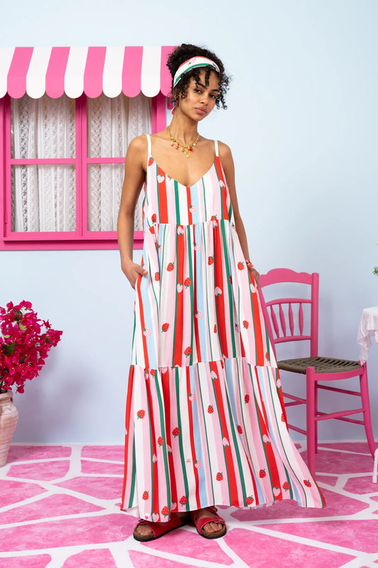 Athena Dress Vis Multi Stripes Strawberries Φόρεμα με Ζώνη & Τσέπες Petit Boutik