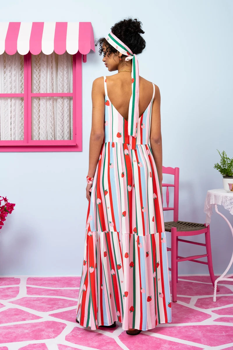 Athena Dress Vis Multi Stripes Strawberries Φόρεμα με Ζώνη & Τσέπες Petit Boutik