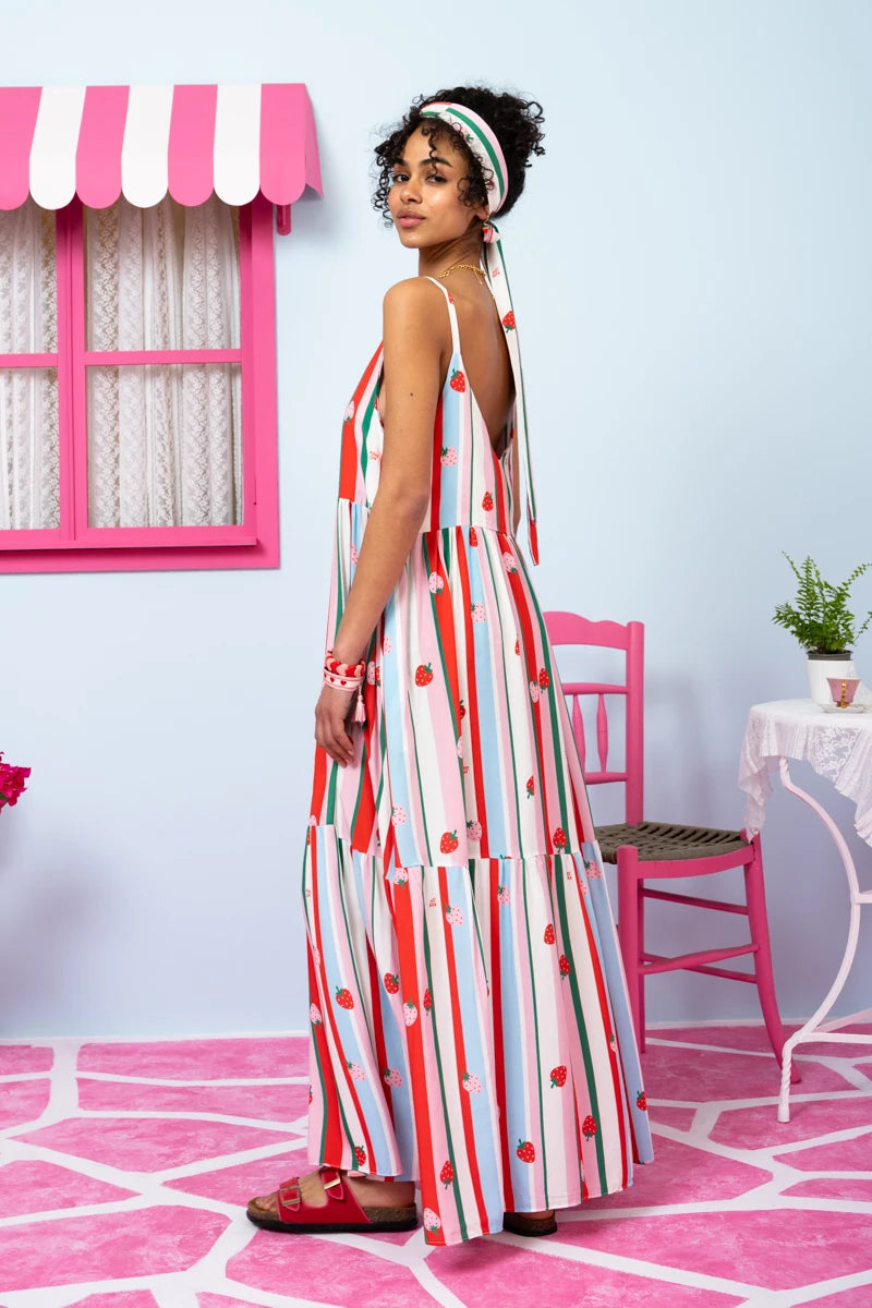 Athena Dress Vis Multi Stripes Strawberries Φόρεμα με Ζώνη & Τσέπες Petit Boutik