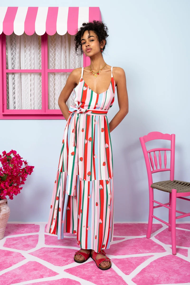 Athena Dress Vis Multi Stripes Strawberries Φόρεμα με Ζώνη & Τσέπες Petit Boutik
