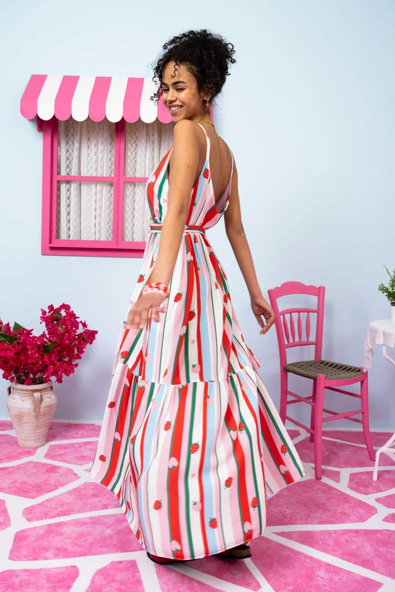 Athena Dress Vis Multi Stripes Strawberries Φόρεμα με Ζώνη & Τσέπες Petit Boutik