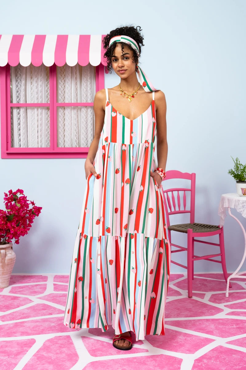 Athena Dress Vis Multi Stripes Strawberries Φόρεμα με Ζώνη & Τσέπες Petit Boutik