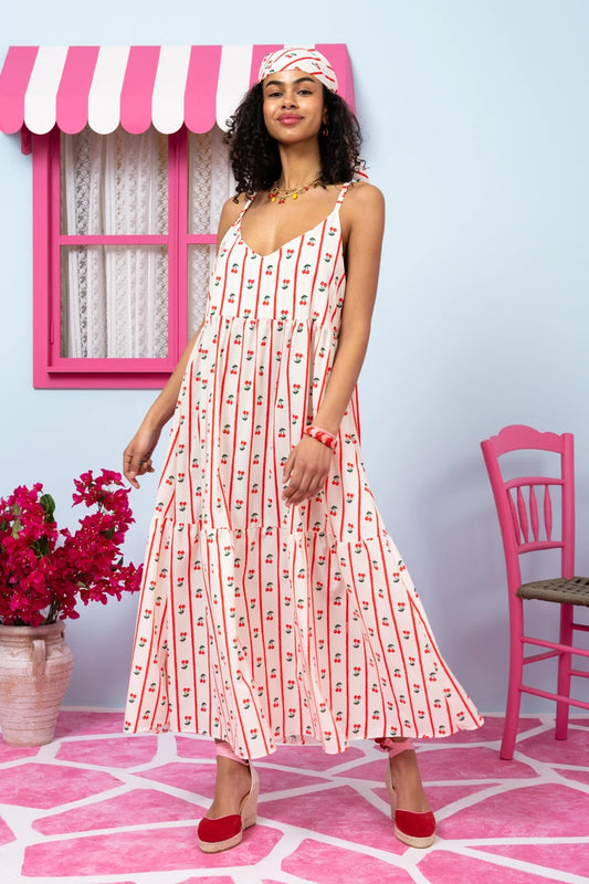Athena Dress White Stripes Cherries Φόρεμα με Ζώνη & Τσέπες Petit Boutik