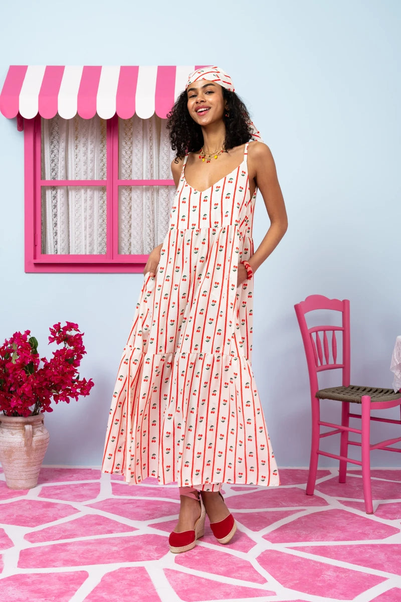 Athena Dress White Stripes Cherries Φόρεμα με Ζώνη & Τσέπες Petit Boutik