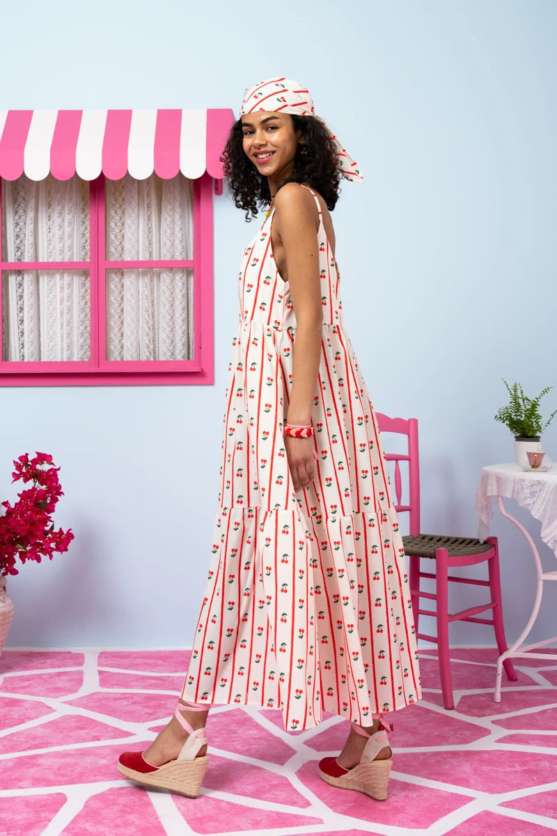 Athena Dress White Stripes Cherries Φόρεμα με Ζώνη & Τσέπες Petit Boutik