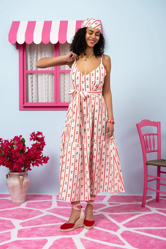 Athena Dress White Stripes Cherries Φόρεμα με Ζώνη & Τσέπες Petit Boutik
