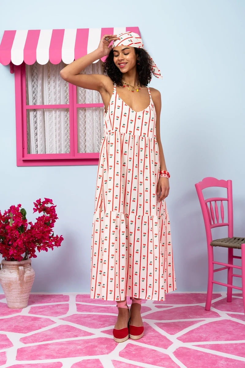 Athena Dress White Stripes Cherries Φόρεμα με Ζώνη & Τσέπες Petit Boutik
